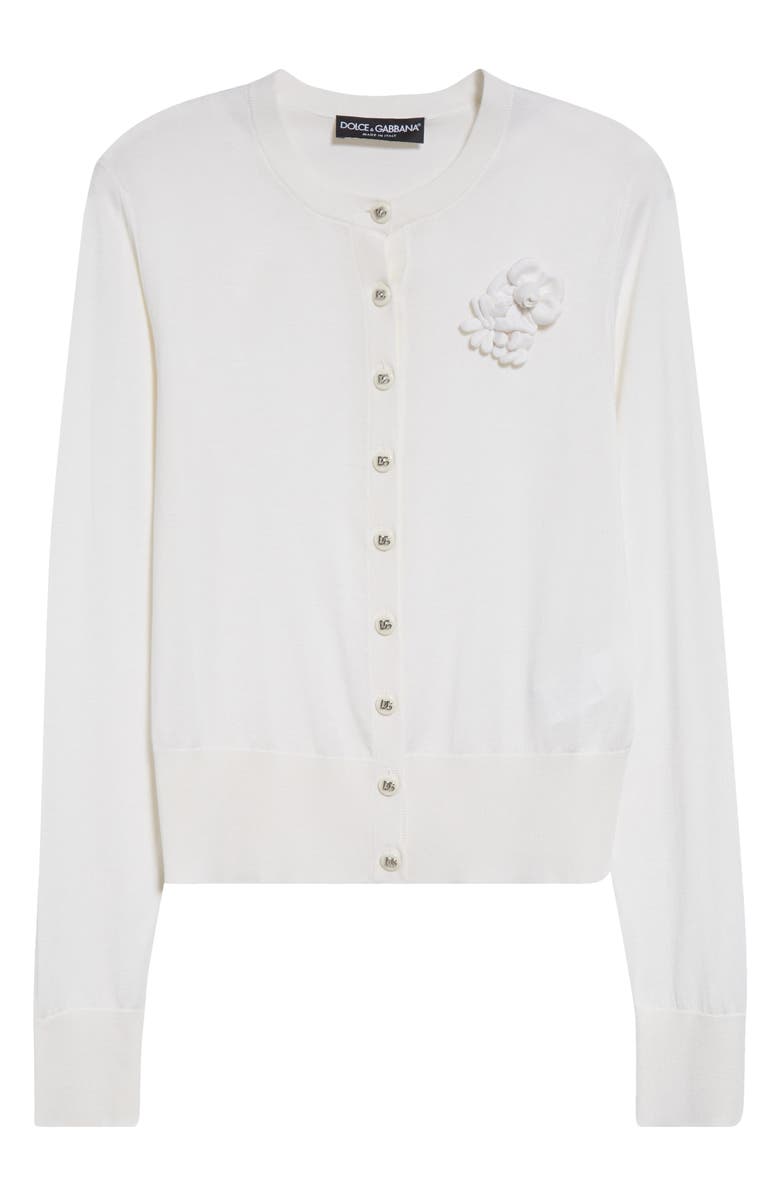 Dolce&Gabbana Floral Appliqué Silk Crewneck Cardigan, Alternate, color, Bianco Ottico