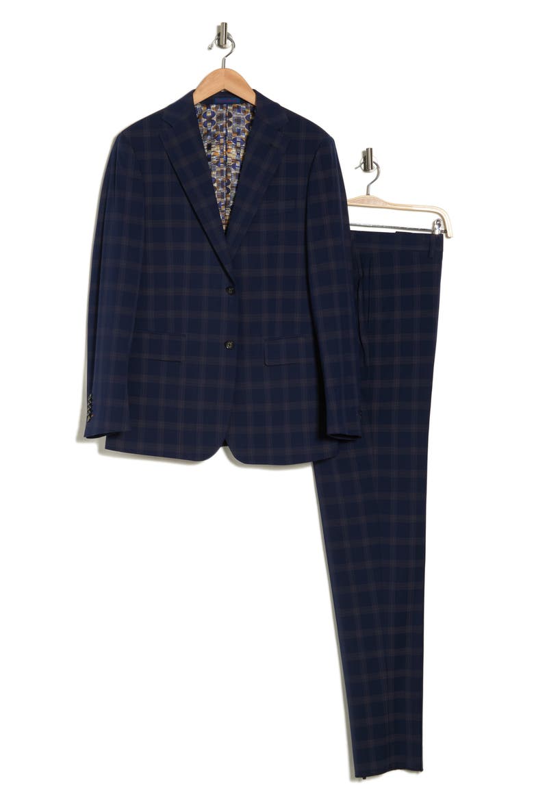 Plaid Trim Fit Notch Lapel Two-Piece Suit, Alternate, color, NAVY