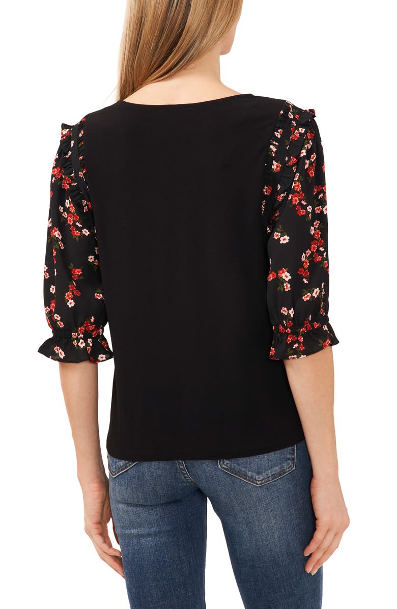CeCe Floral Ruffle Sleeve Mixed Media Top, Alternate, color, 