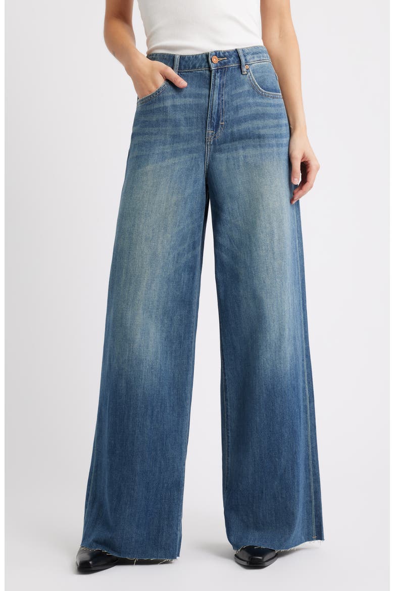 Raw Hem High Waist Super Wide Leg Jeans, Main, color, MED.WASH