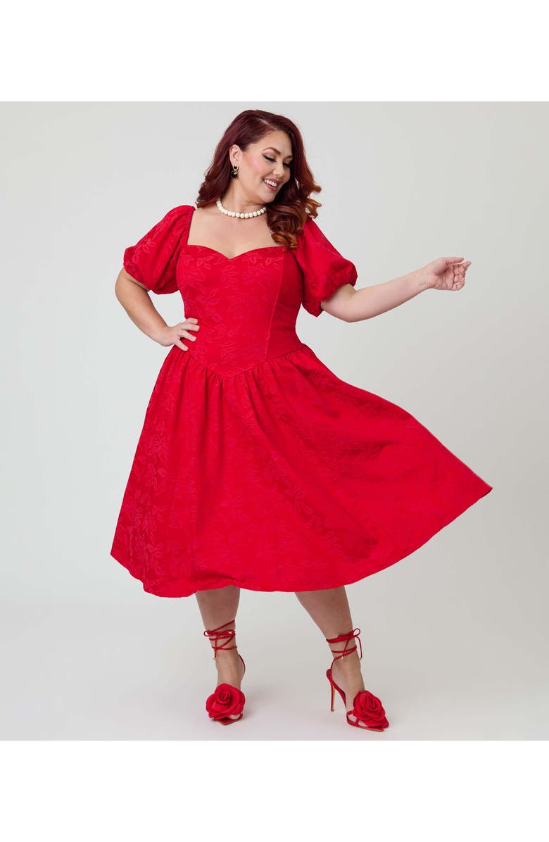 Smak Parlour Plus Size Puff Sleeve Swing Dress, Main, color, Red Floral Print