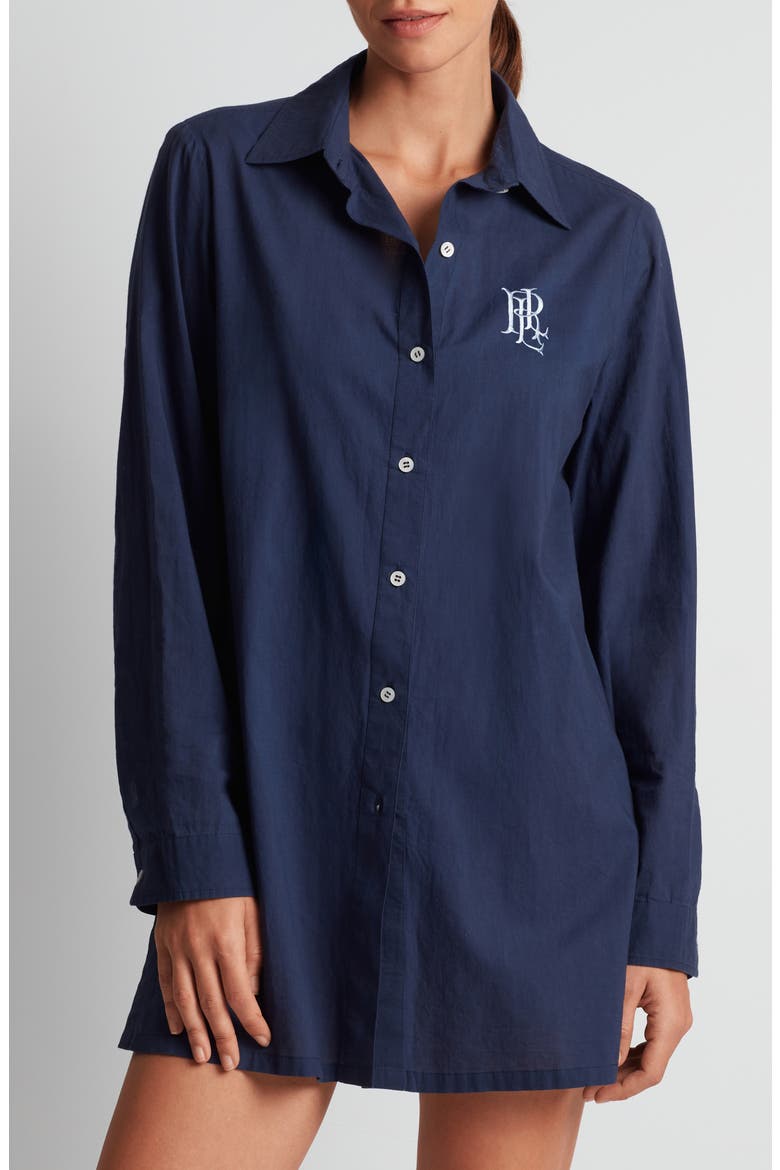 Embroidered Logo Organic Cotton Cover-Up Shirtdress, Main, color, DARK NAVY