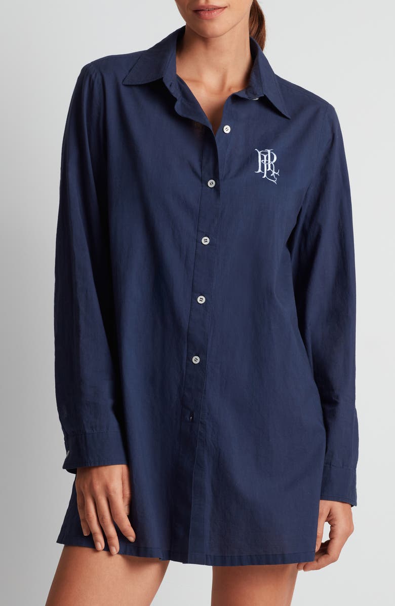 Lauren Ralph Lauren Embroidered Logo Organic Cotton Cover-Up Shirtdress, Main, color, Dark Navy