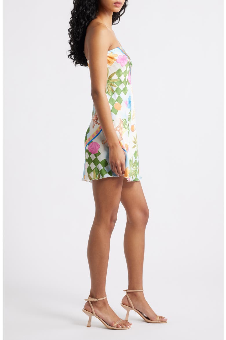 Print Strapless Satin Minidress, Alternate, color, WHITE MULTI
