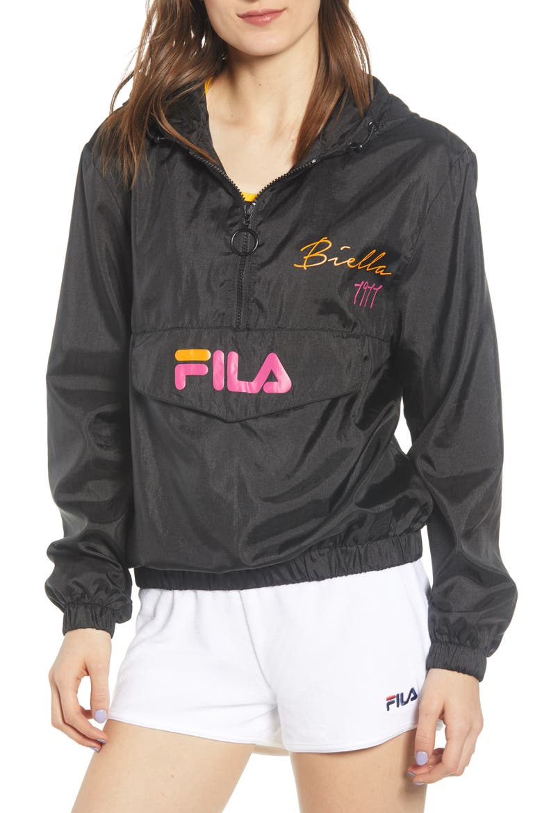Jana Quarter Zip Nylon Anorak, Main, color, BLACK/ FUCHSIA PURPLE