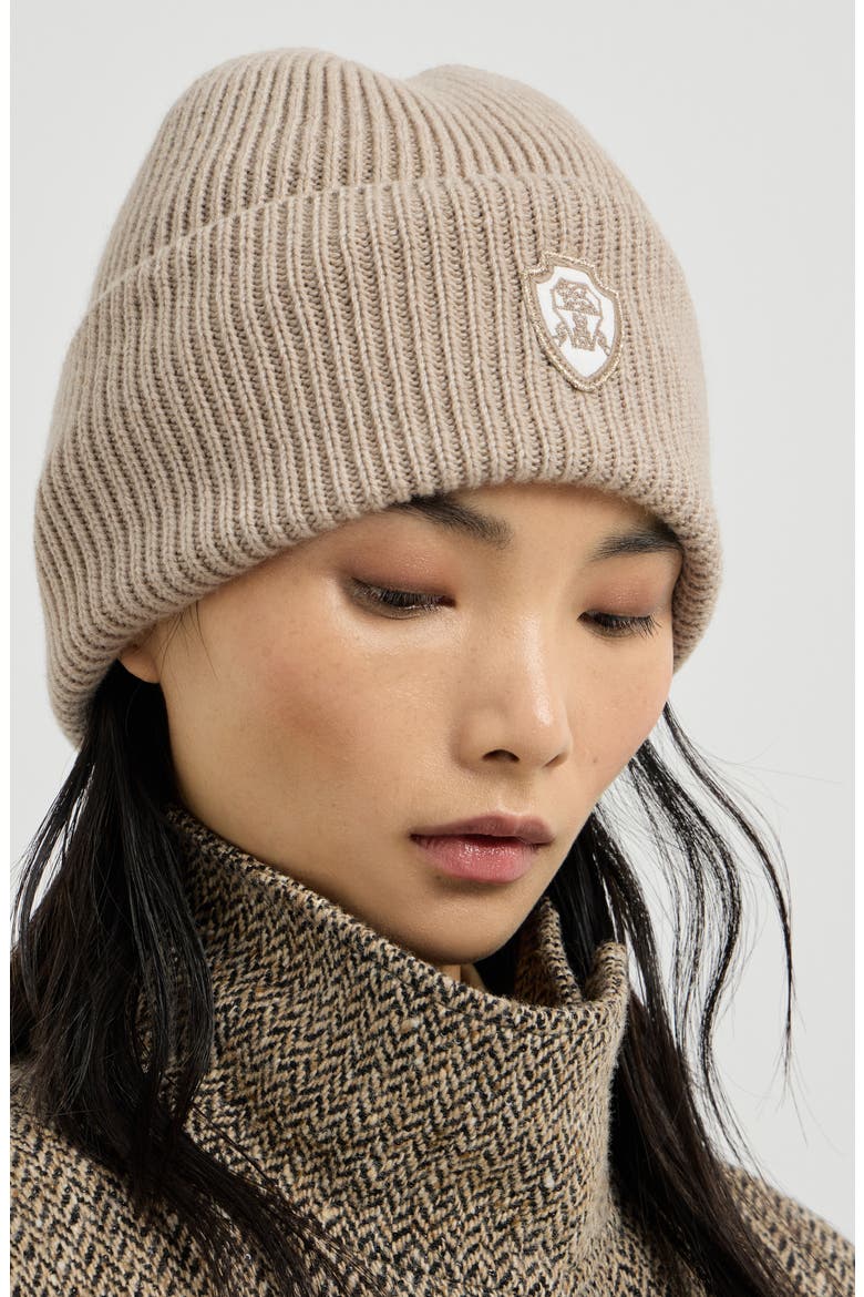 Cashmere English rib knit beanie with patch logo, Alternate, color, Sand