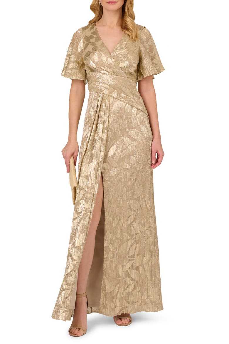 Metallic Leaf Jacquard Draped Gown, Main, color, CHAMPAGNE/ GOLD