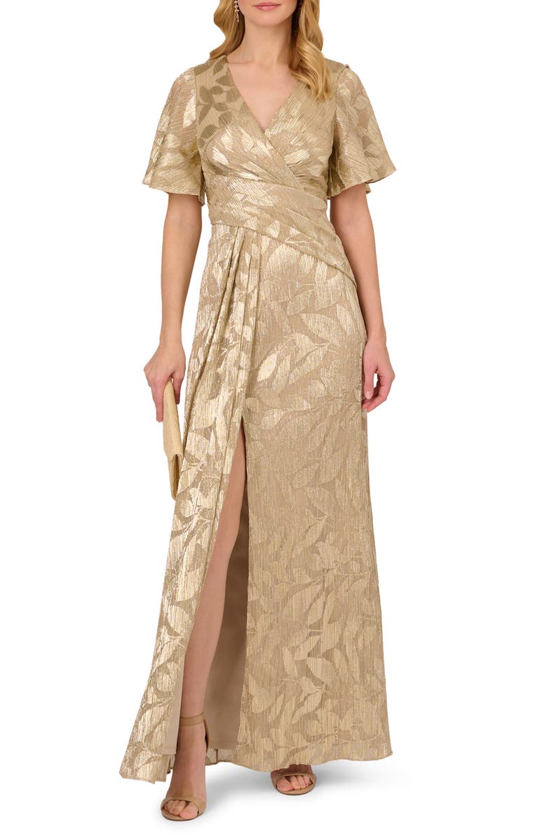 Adrianna Papell Metallic Leaf Jacquard Draped Gown, Main, color, Champagne/ Gold