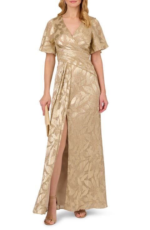 Metallic Leaf Jacquard Draped Gown