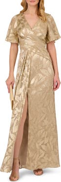 Adrianna Papell Metallic Leaf Jacquard Draped Gown