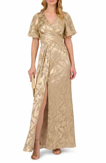 Adrianna Papell Metallic Leaf Jacquard Draped Gown