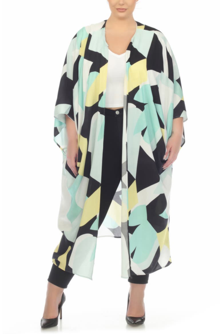 Abstract Print Ruana, Alternate, color, AQUA/ YELLOW