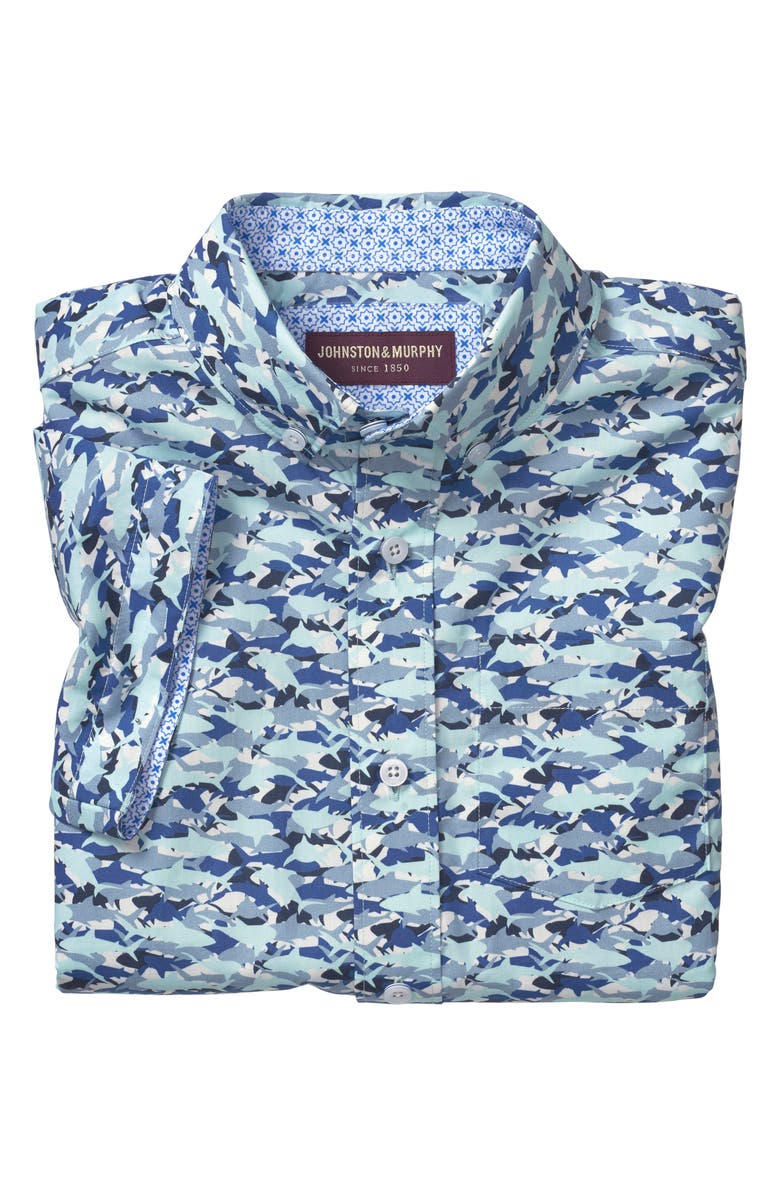 Johnston & Murphy Kids' Hidden Shark Print Short Sleeve Button-Down Shirt, Alternate, color, 