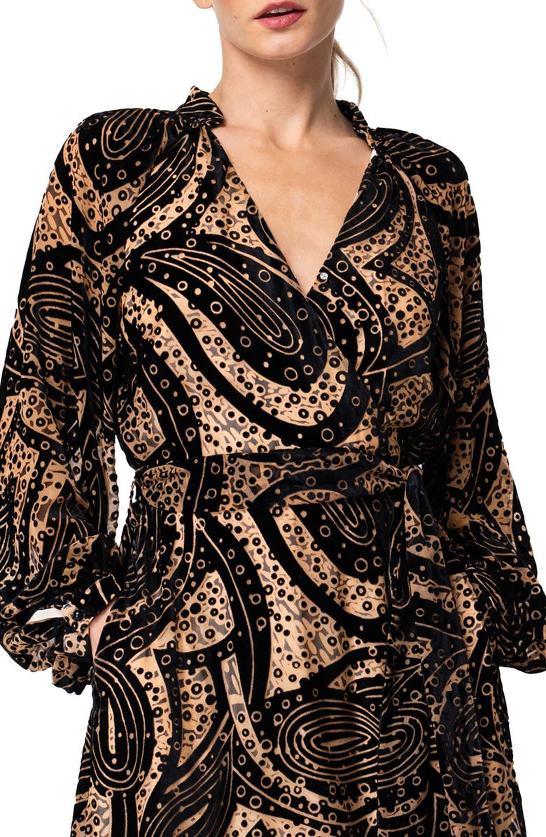 CIEBON Aria Tie Belt Long Sleeve Burnout Faux Wrap Velvet Dress, Alternate, color, Black Multi