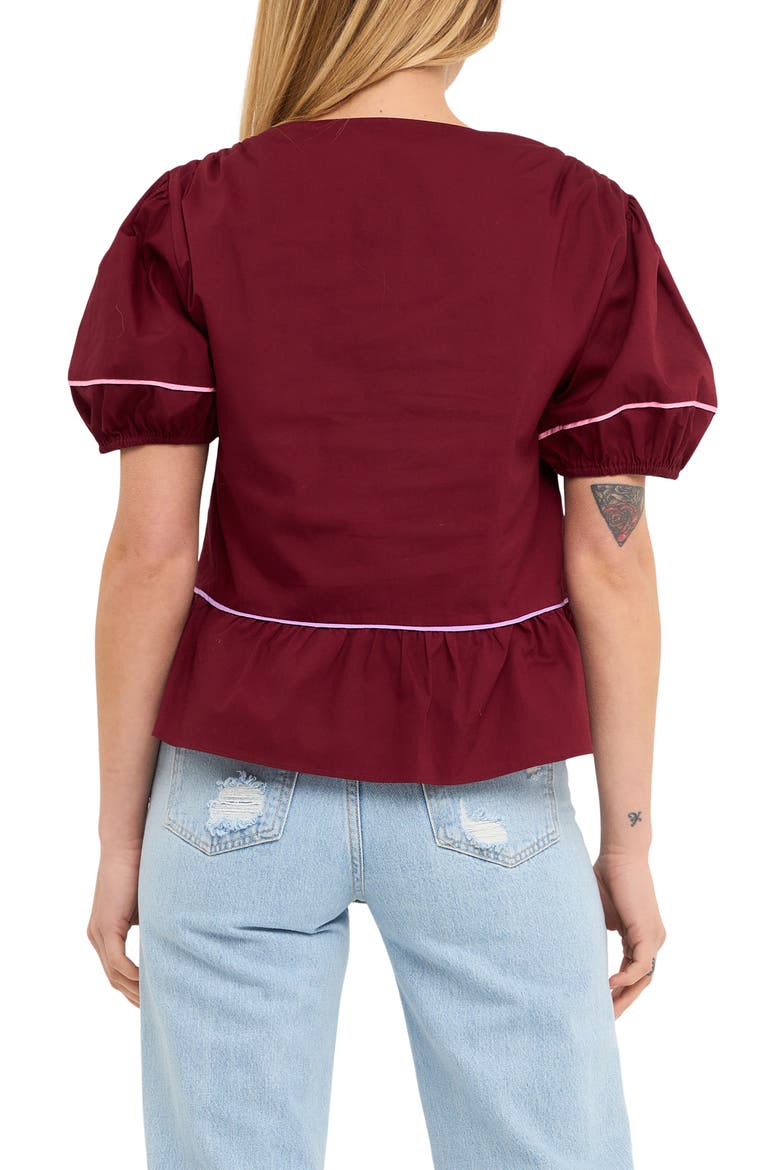 Piping Detail Puff Sleeve Top, Alternate, color, BURGUNDY