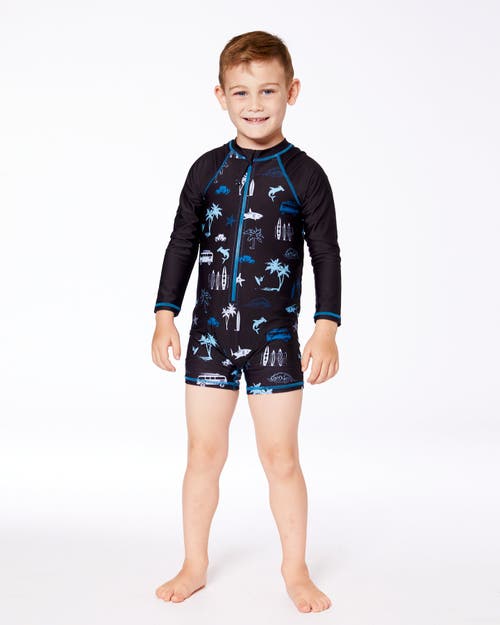 DEUX PAR DEUX DEUX PAR DEUX LITTLE BOY'S PRINTED LONG SLEEVE RASHGUARD LIGHT BLUE BEACH ON BLACK 