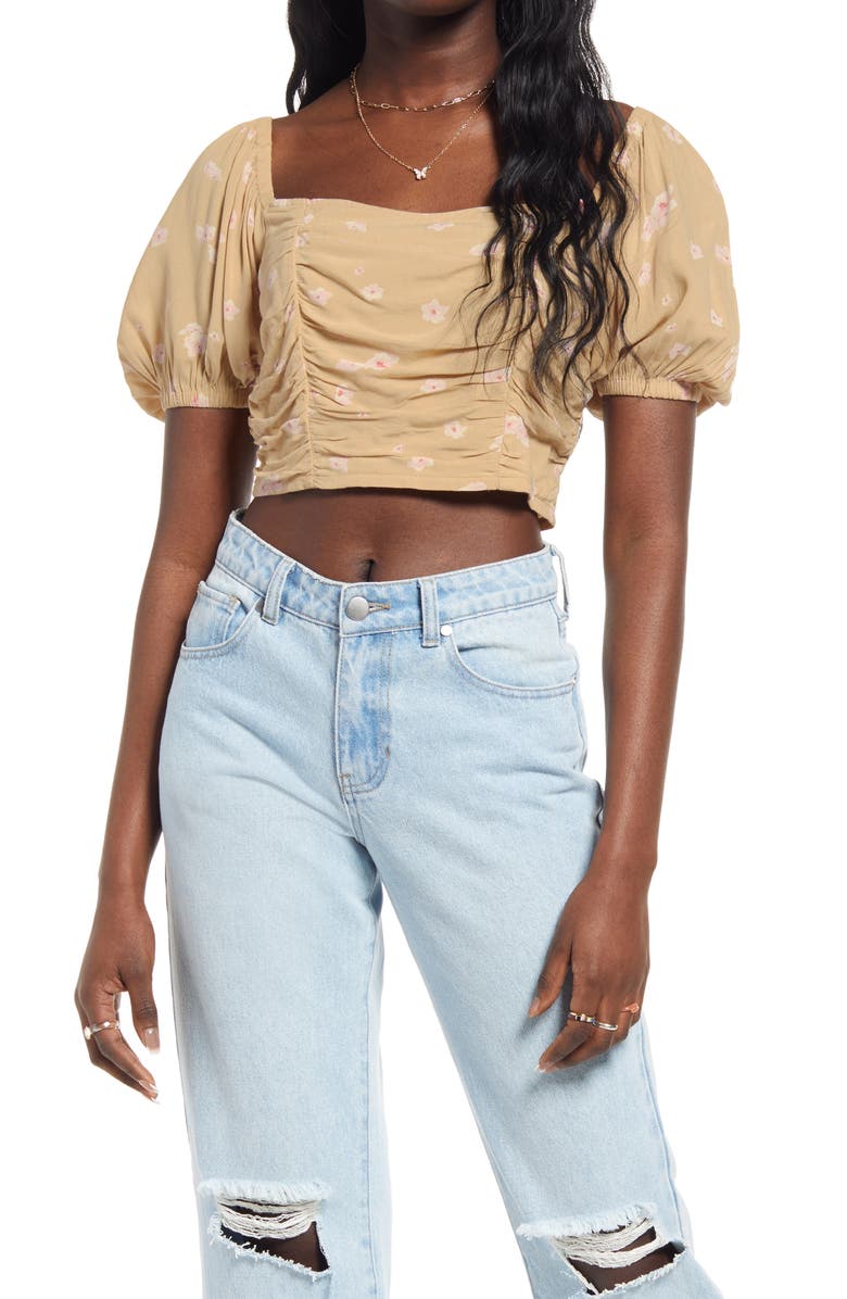 BP. Floral Print Ruched Crop Top, Main, color,
