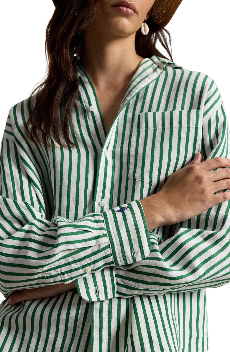 Polo Ralph Lauren Oversize Stripe Linen & Cotton Button-Up Shirt, Alternate, color, White-Green