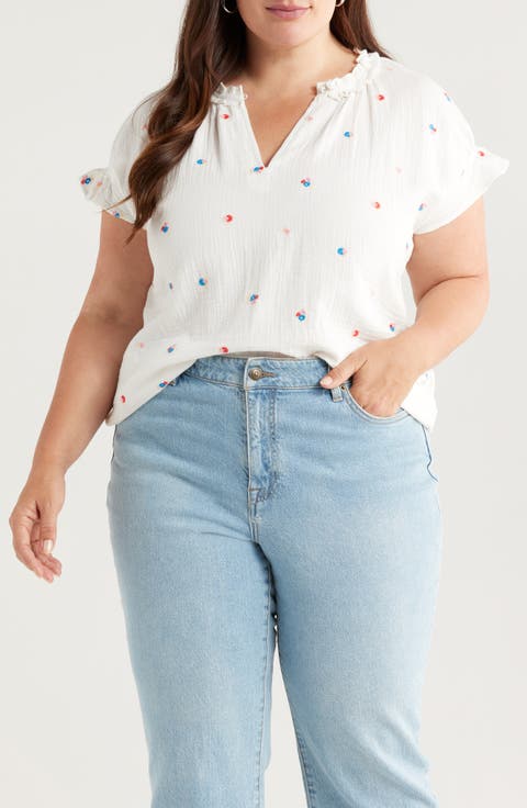 Embroidered Ruffle Accent Cotton Gauze Top (Plus)