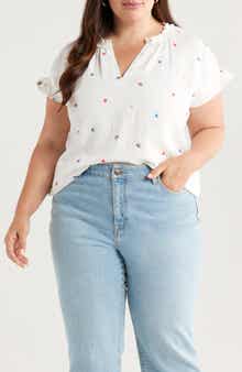 Caslon® Embroidered Ruffle Accent Cotton Gauze Top