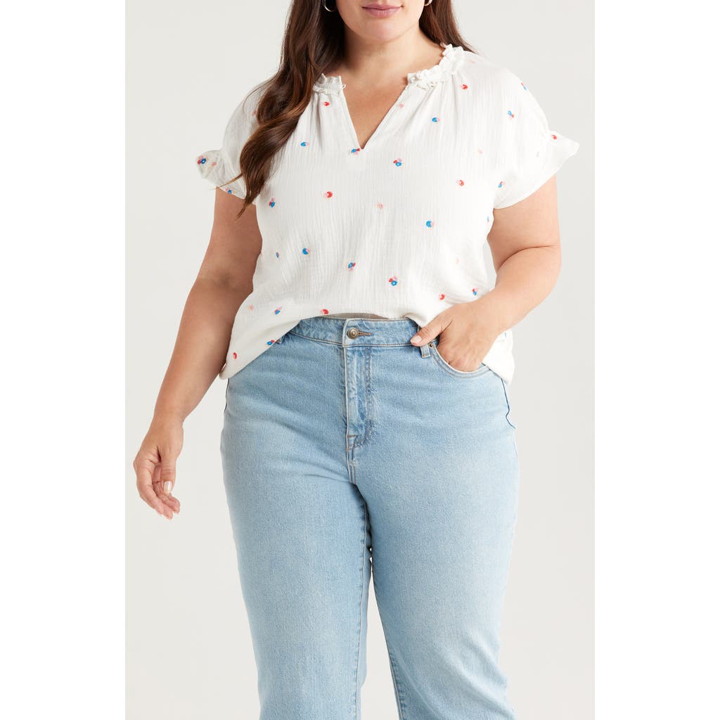 Caslon ® Embroidered Ruffle Accent Cotton Gauze Top In White
