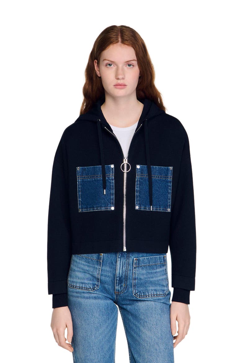 Knit and denim sweatshirt, Main, color, Navy blue