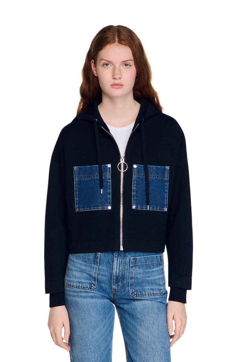SANDRO Knit and denim sweatshirt, Main, color, Navy Blue