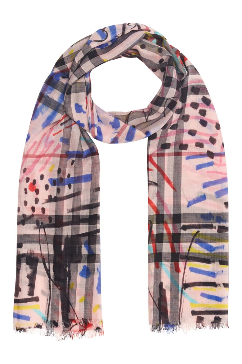 Graffiti Check Print Wool & Silk Scarf, Alternate, color, ROSE PINK