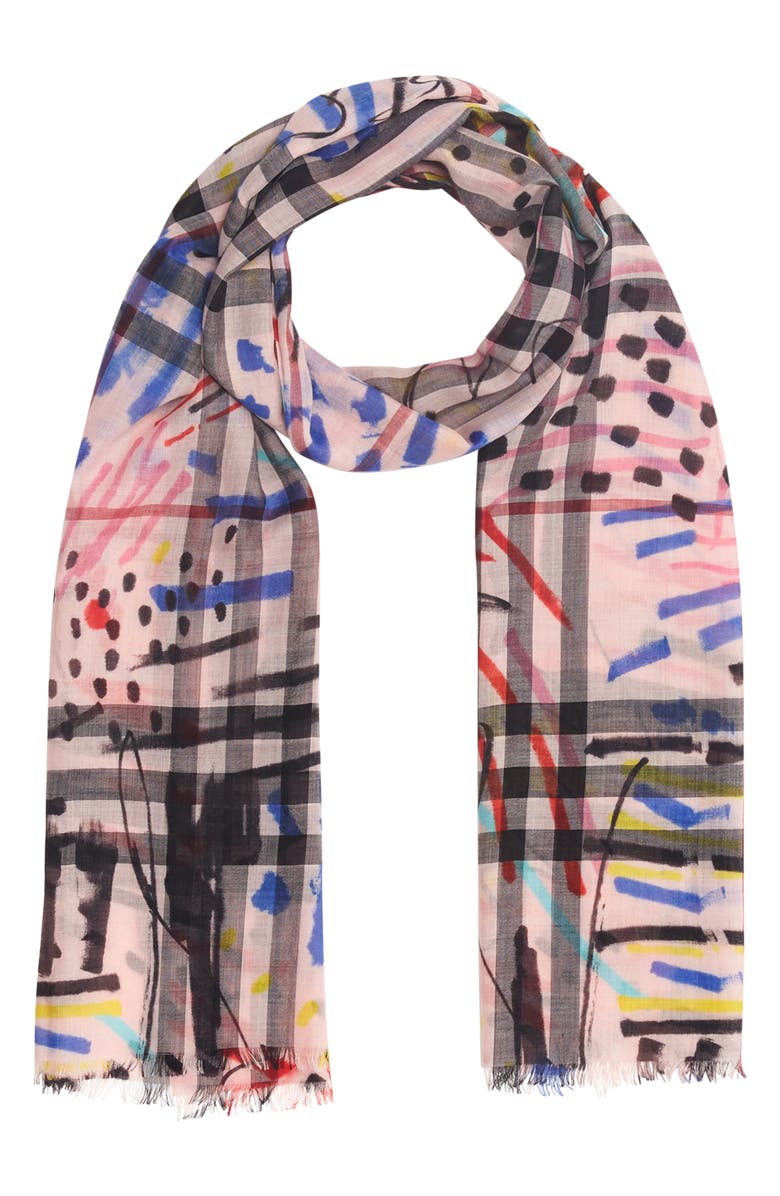 Burberry Graffiti Check Print Wool & Silk Scarf, Alternate, color, 