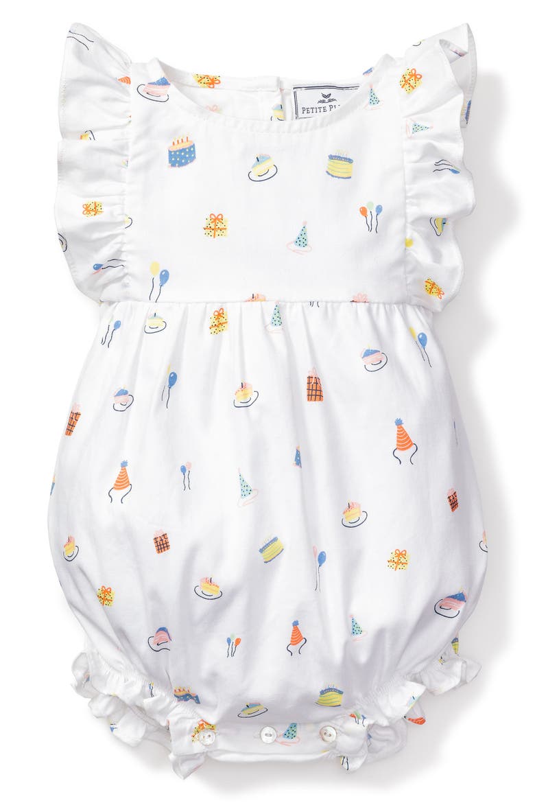 Birthday Print Ruffle Romper, Main, color, WHITE