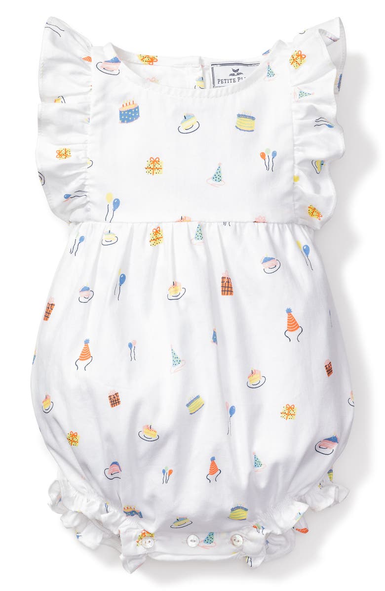 Petite Plume Birthday Print Ruffle Romper, Main, color, White