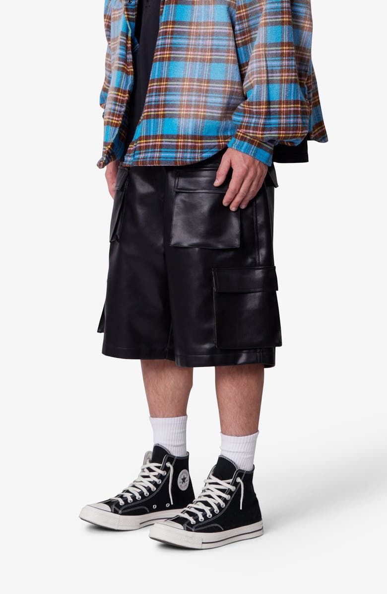 mnml Baggy Faux Leather Cargo Shorts, Alternate, color, Black