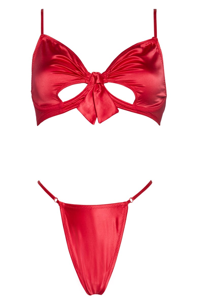 Coquette Satin Underwire Bra & Thong Set, Alternate, color, Red