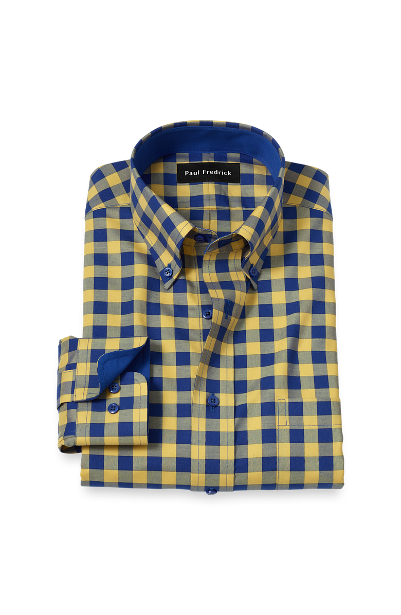 Paul Fredrick Tailored Fit Non-Iron Cotton Gingham Dress Shirt with Contrast Trim, Main, color, Blue/Yellow
