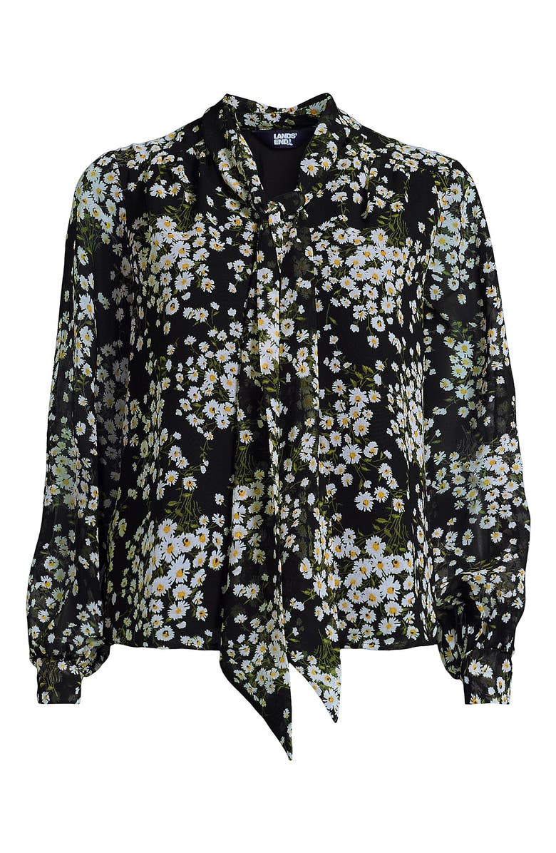Lands' End Chiffon Removable Tie Neck Blouse, Alternate, color, Black Tossed Daisies