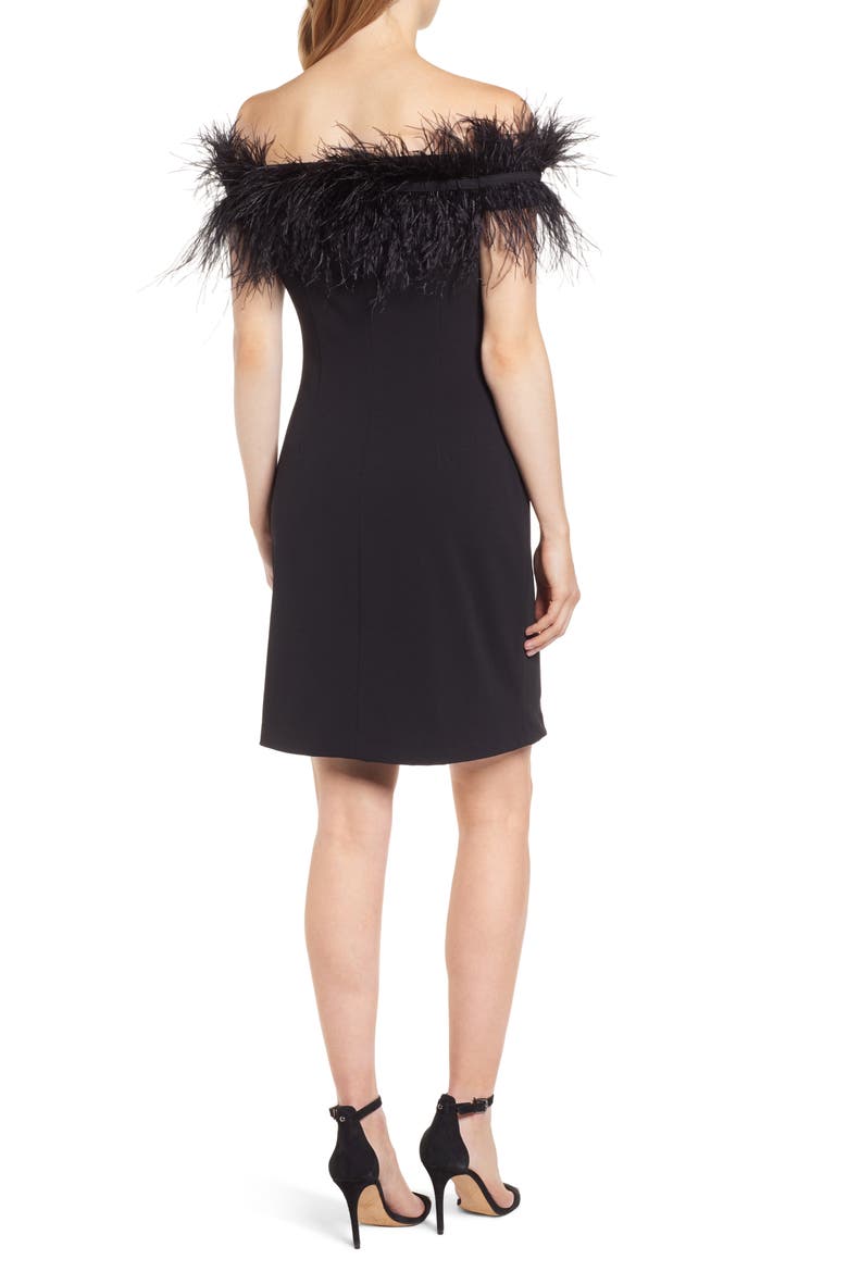 Feather Trim Off the Shoulder Dress, Alternate, color, RICH BLACK