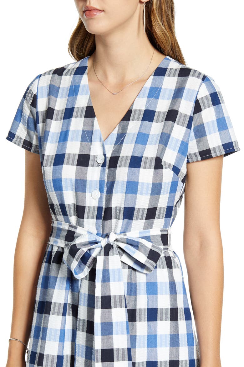 Check Tie Waist Short Sleeve Dress, Alternate, color, BLUE MULTI CHECK