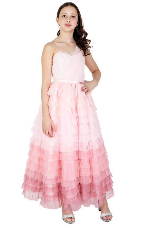Sequin Bodice Tiered One-Shoulder Gown
