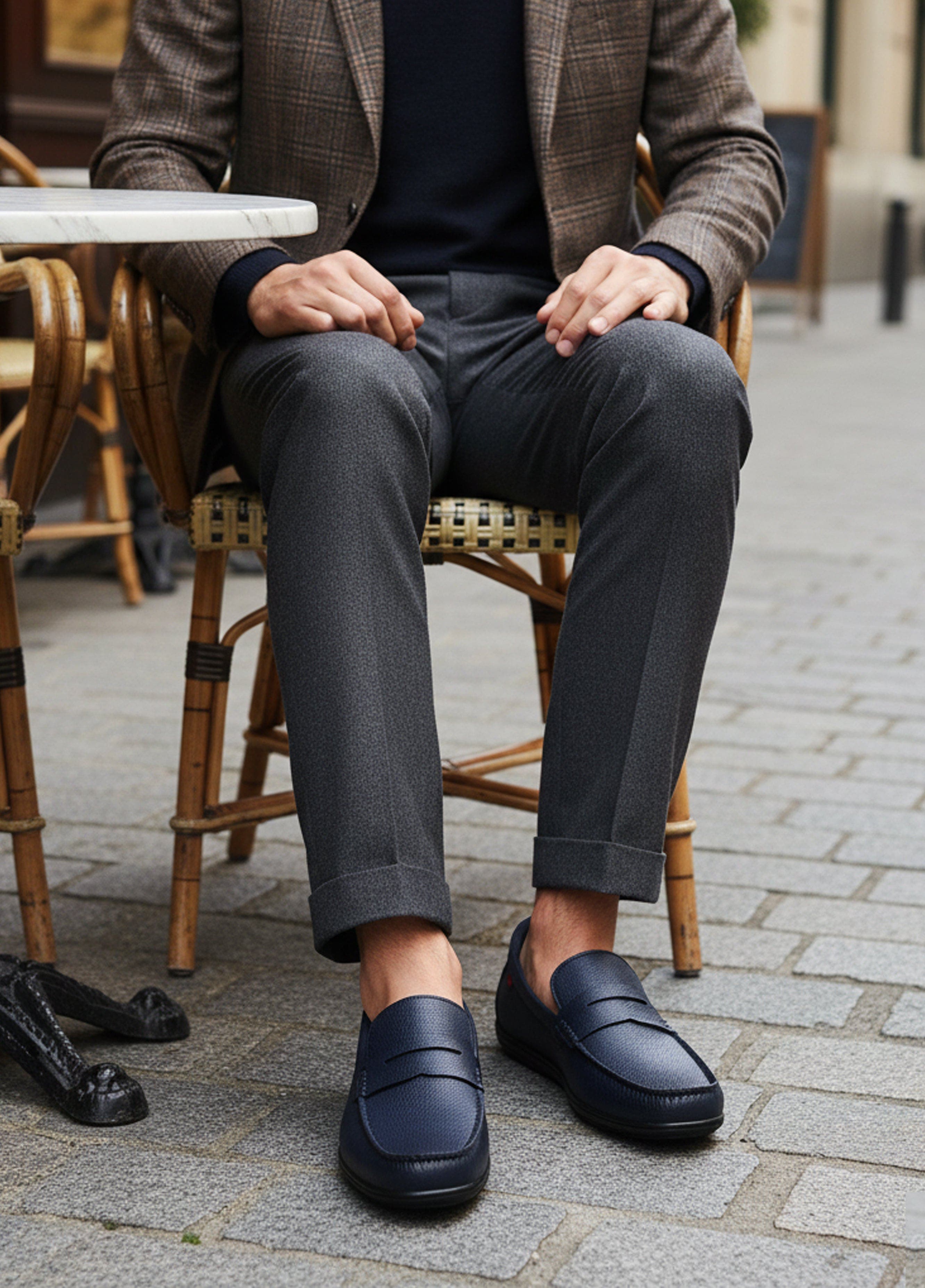 Marc Joseph New York John Street Hands Free Technology Leather Penny Loafer, Alternate, color, Navy Grainy Leather