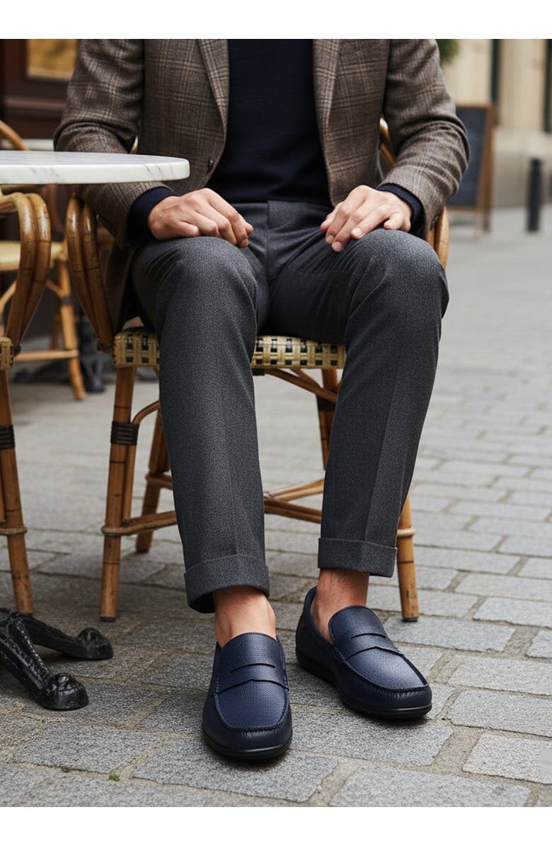 Marc Joseph New York John Street Hands Free Technology Leather Penny Loafer, Alternate, color, Navy Grainy Leather