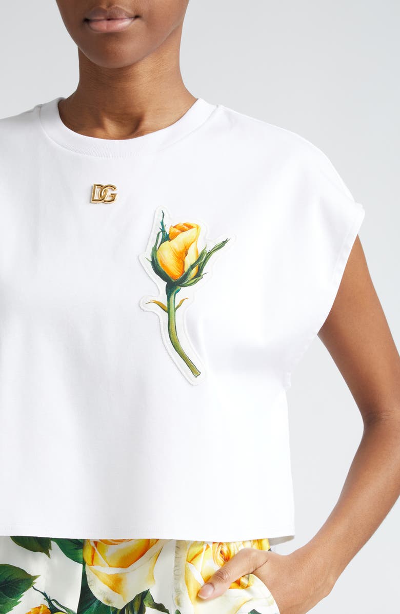 Dolce&Gabbana Rose Appliqué Crop Cotton T-Shirt, Alternate, color, 