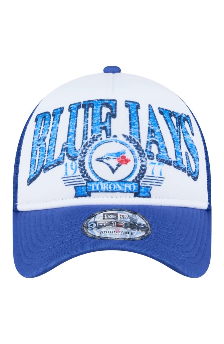 New Era Men's New Era White/Royal Toronto Blue Jays Distressed 9FORTY A-Frame Adjustable Trucker Hat, Alternate, color, White