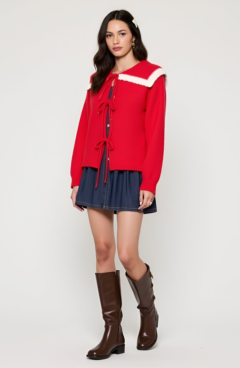 Modenaire Ruffle Collar Knit Sweater with Tie-Front Closures and Contrast Trim, Alternate, color, Red