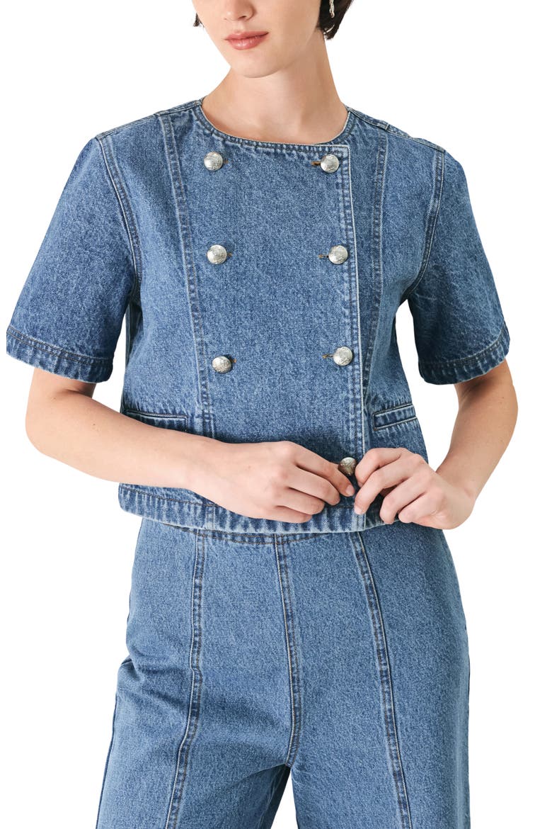Cotton Denim Buttoned Crop Top, Main, color, INDIGO