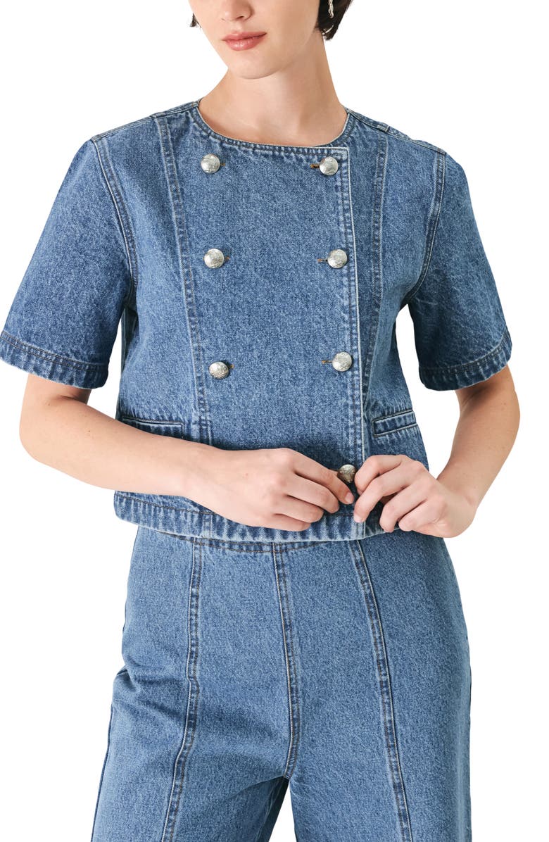 FREEMARKET Cotton Denim Buttoned Crop Top, Main, color, Indigo