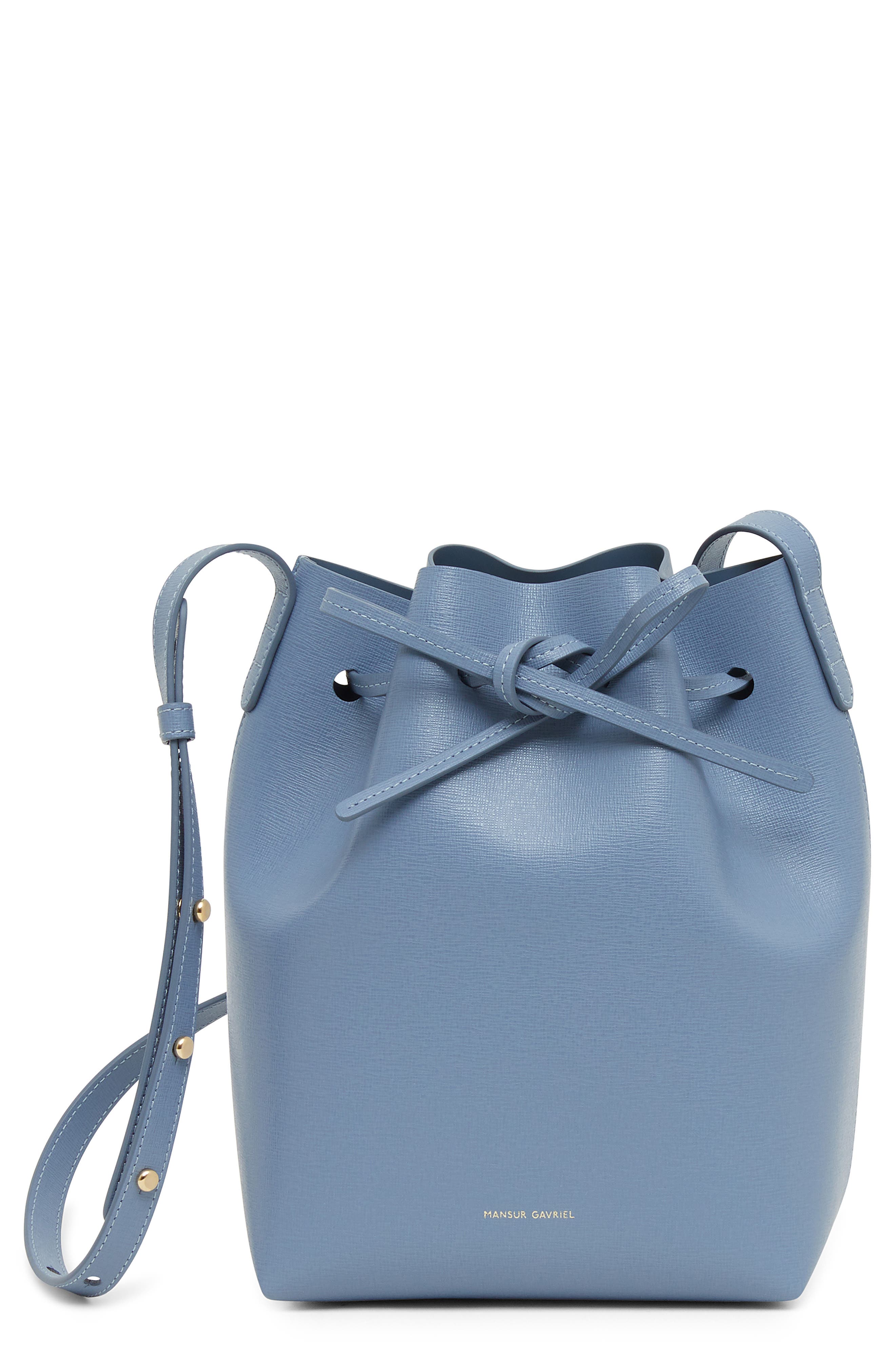 Mini Saffiano Leather Bucket Bag, Main, color, PIOGGIA