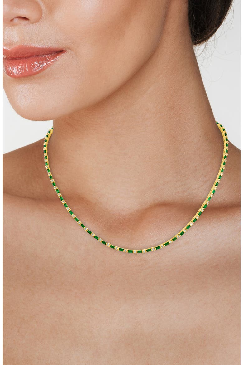 Round & Baguette Cut Tennis Necklace, Alternate, color, GREEN/ GOLD