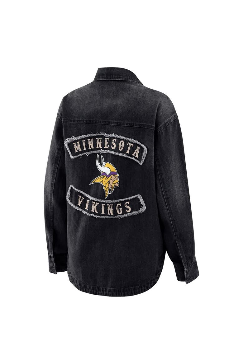Women's WEAR by Erin Andrews Black Minnesota Vikings Washed Oversized Denim Full-Snap Shacket, Alternate, color, Black