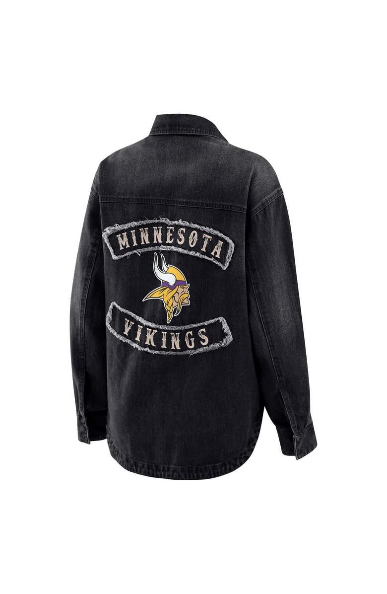 WEAR by Erin Andrews Women's WEAR by Erin Andrews Black Minnesota Vikings Washed Oversized Denim Full-Snap Shacket, Alternate, color, Black
