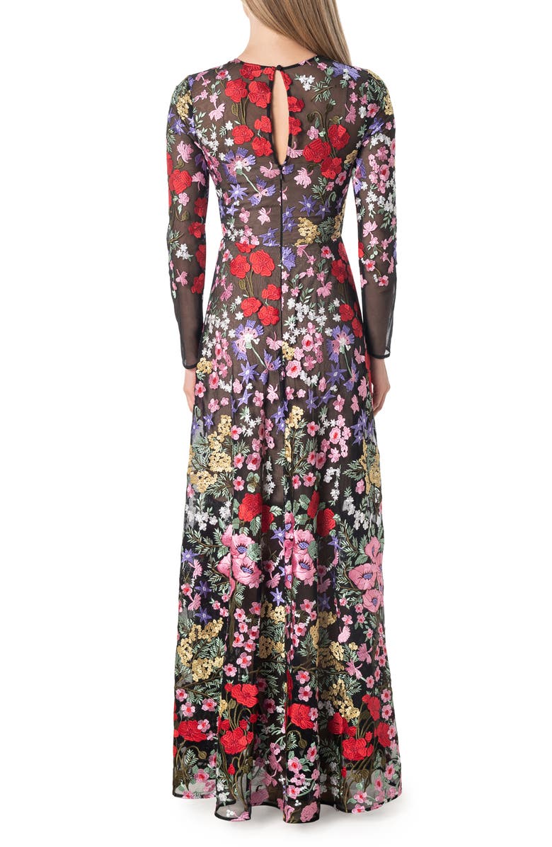 Dress the Population Ava Floral Embroidered Long Sleeve Gown, Alternate, color, Rouge Multi